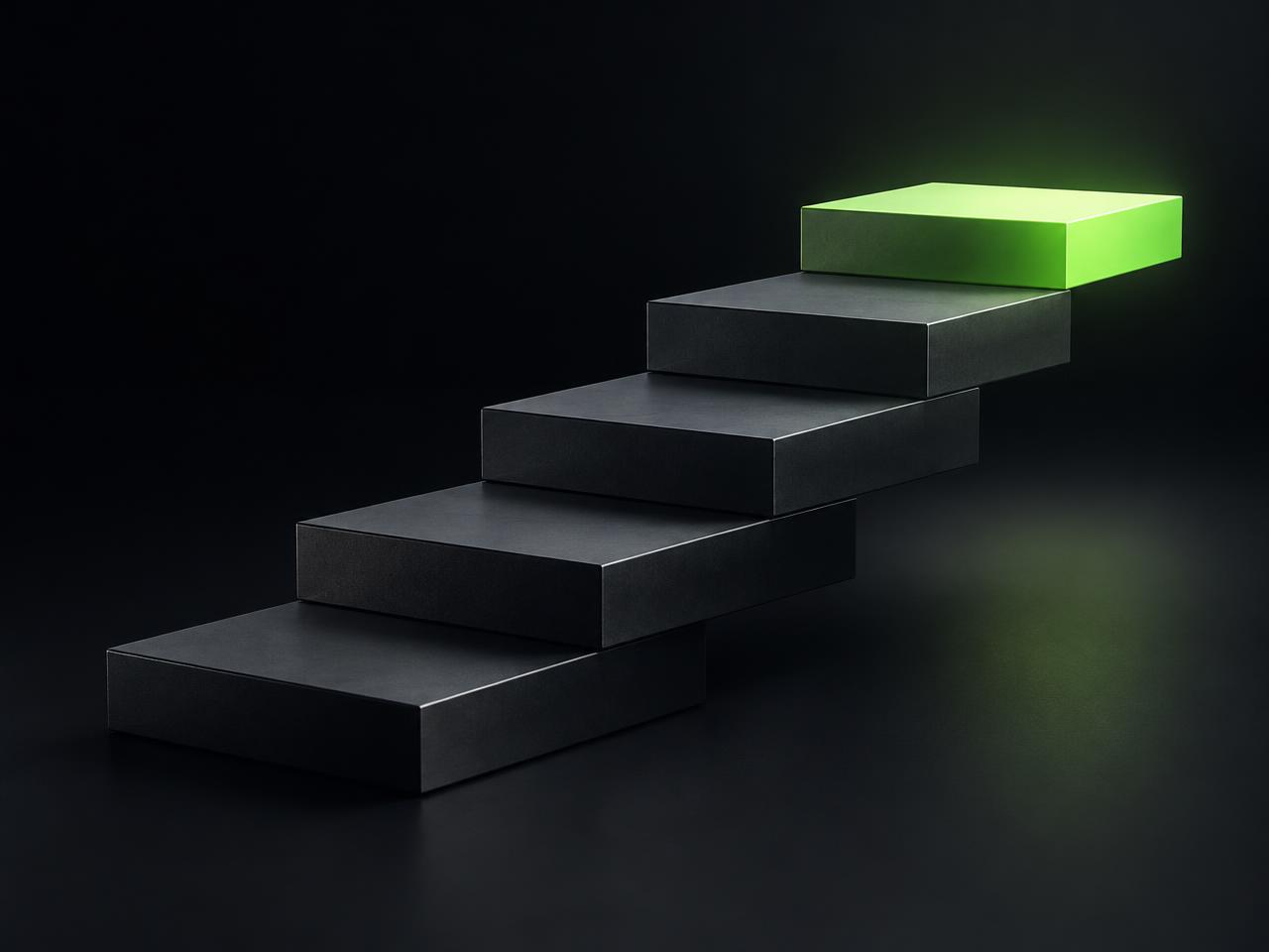 Art direction: restrained 3D steps rising to a lime top